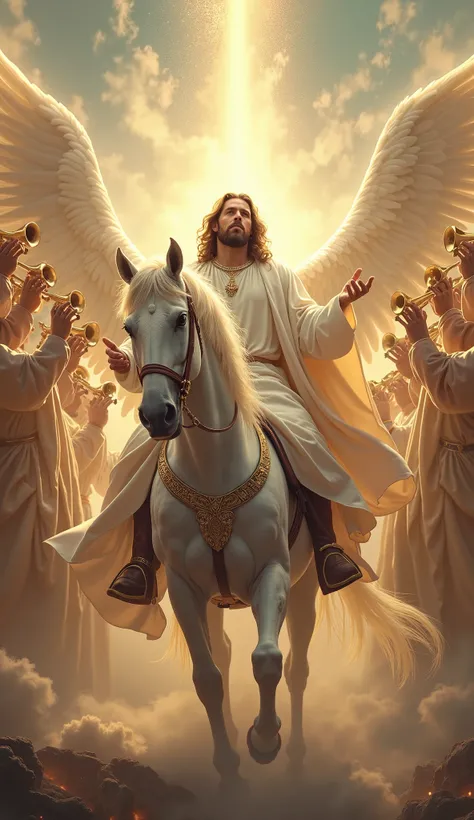 Jesus Christ on the white horse ,  7 trumpets blowing in his glory