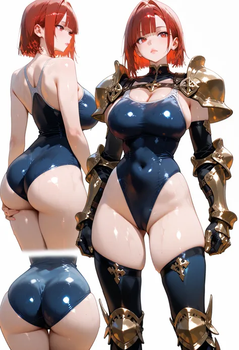 1girl ,shiny skin ,gleaming skin,,expressionless,eyelashes,lips gloss,red eyes,red hair,short hair,asymmetrical bangs,blunt bangs,,large breasts,beautifully shaped breasts,large butt,beautifully shaped butt,school swimsuit ,shoulder guards,gauntlet,knees g...