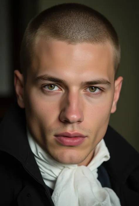 Handsome English man,Young, shaved blond hair,  take a serious look,  serious expression , honey-colored eyes, clothing style Pride and Prejudice, take a serious look e intenso. high resolution,  masterpiece, Necessary,  Anatomically correct,  Awarded mult...