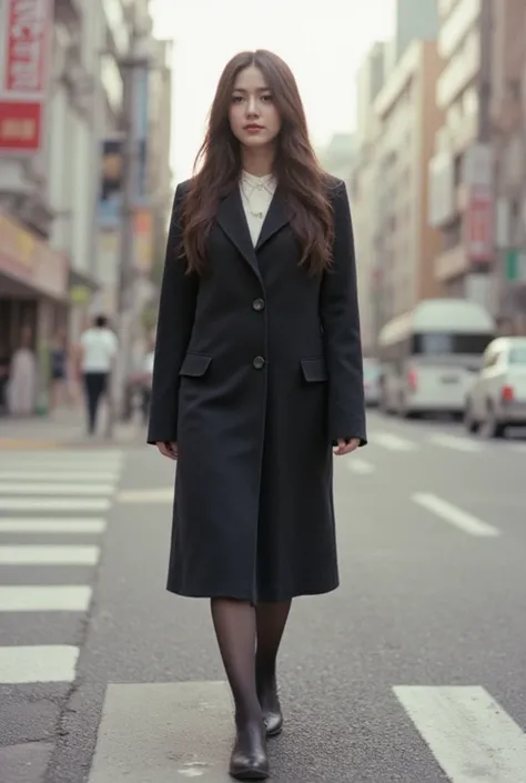 Soft focus on a warm-toned portrait: araffe woman korean idol in a black coat, long hair in vintage attire, boho chic | | very anime!!!, fragile girl, walking crosswalk serenely against a blurred busy city. tokyo city, Kodak Portra 400 film captures her sk...