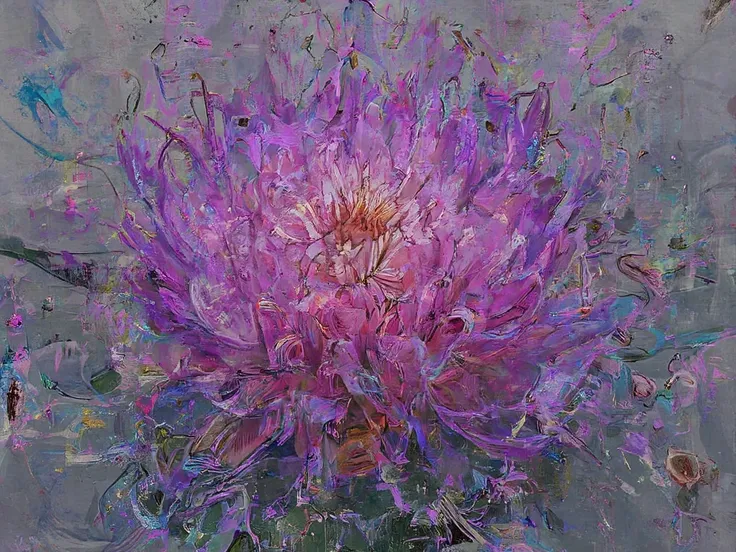 a creative illustration that depicts a very unique perception of a purple lotus flower, HANDMADE, mixed media, brush strokes, layers, texture, color scheme, hopeful, uplifting, positive, raises energy. Award-winning, Masterpiece, 