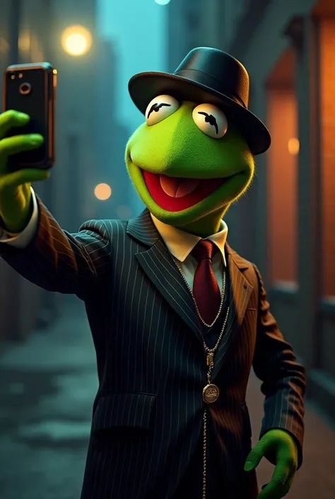 Kermit the Frog, In a Gangster's Getup, while taking a Selfie