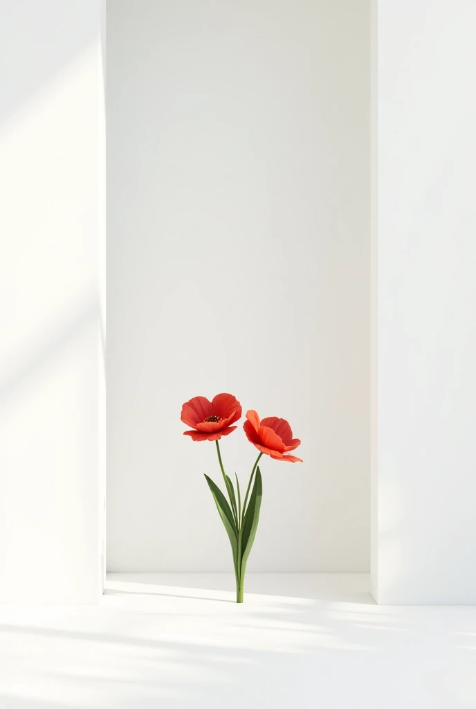 2 red peaceful flowers in a white empty room