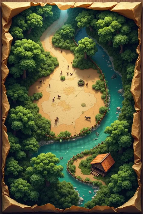 Do you have a treasure map, Inside the map there will be a jungle that has a fence around it, with rivers and animals and a camp