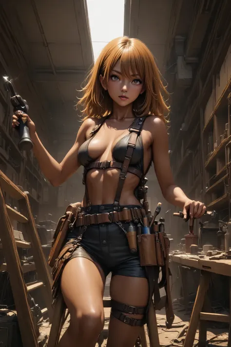 Beautiful woman doing electrical work   , stepladder、  anatomically accurate electrical work   、 equipped with lots of tools on a tanned leather tool belt、Full Harness、 perfect eyes、Glossy brown skin 