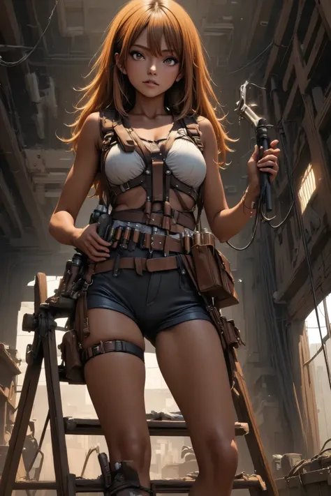 Beautiful woman doing electrical work   , stepladder、  anatomically accurate electrical work   、 equipped with lots of tools on a tanned leather tool belt、Full Harness、 perfect eyes、Glossy brown skin 