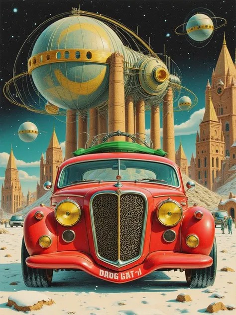 Cars future baroque meets sci-fi and futurism high tech, tapestry, industrial, polis, action scene, eccentric smile, touch of futurist mixed with only a bit of antique, nude, transparent veils, retro photo album cover tones, antique sci-fi, templar sci-fi,...