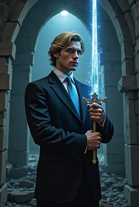 Handsome man with shoulder-length blond hair, tall and stocky, wearing a striped black 2-piece suit wearing a white shirt and light blue tie, holding a sword wrapped in white light with both hands while fighting against beings of the dark in an abandoned c...