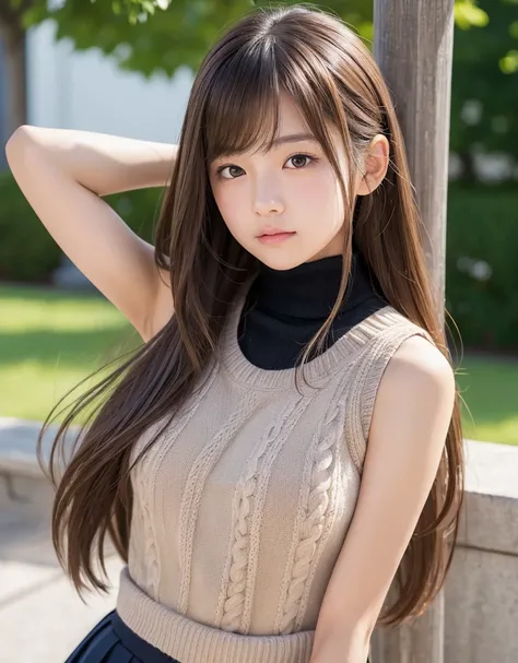  Very cute beautiful girl with a soft and warm atmosphere、A female middle school student who emphasizes beautiful upper arms with just the right amount of muscle and seductive, attractive shoulders from a sleeveless black turtleneck knit sweater to show vi...