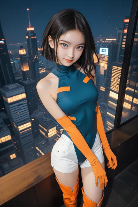       best image quality、 masterpiece、（Shooting Resolution      ：1.4）、     View from directly above  、      face close-up    、       cyberpunk night city      、       girl  、    Black Hair Short Wave Hair   、    Silver Shorts Smile       、    1 character  ...