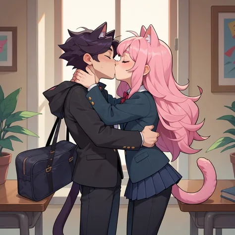 
1girl pink hair long hair, School uniform, closed eyes, tail cat, cat ears, pink hair, Black pants, Black leather jacket, pink pupils, score 8 score 9, medium breats,and kissing 1boy Black hair, Black coat, closed eyes, Black pants,