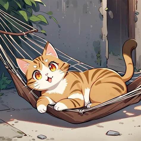 Pokémon-style tabby cat with orange eyes lying in a hammock