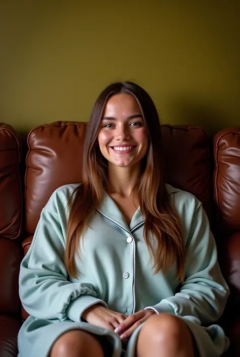 18 year old instagram influencer with long brown hair and medium size breasts, sitting on a brown leather couch with a long night shirt. The wall behind the couch is painted olive green. She is smiling and watching TV.