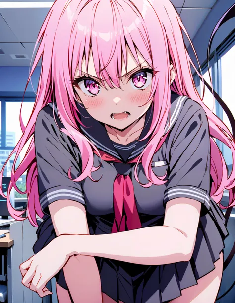  score_9,  score_8_ up the side,  score_7_ up the side,  source_Anime,
Nana Devil,  Nana Asta Deviluk,Solo fangs ,  long hair,  pink eye,  pink hair with a scar, demon tail ,  twin sisters, Embarrassing,blush,Angry, open their mouths,Black sailor suit, bla...