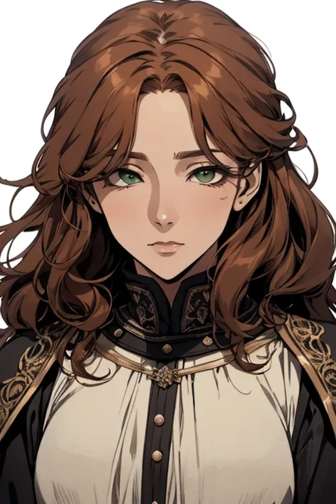 ( excellent quality), ( High resolution), (absurd play), ((adult woman)),  brown hair ,  disheveled hair ,  long curly hair, ((attendant)), character looking at the camera,  detailed face, ((medieval)), ((bang)), (((simple clothes))), (portrait), ( small e...