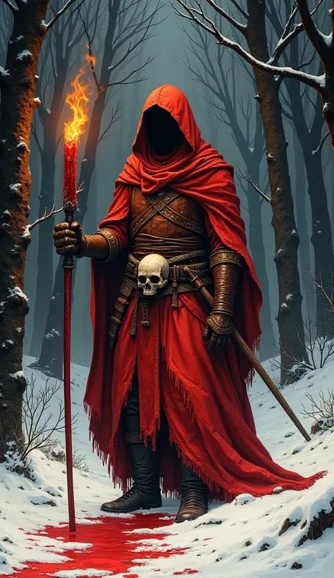 "1970s dark fantasy book cover, paper art, Dungeons and Dragons style drawing of [red globin with leather armor holding a bloody kusarigama, he is in a black forest full of snow with the light of a fire illuminating him, on his waist there is a skull ] wit...