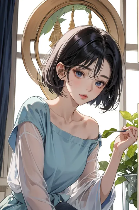 absurdities,  masterpiece,  best quality, clear cores,  Korean Webtoon girl with beautiful face ,  Beautiful short hair bob  ,  a character from Kdrama ,  Anime eyes ,  semi-casual clothes , fundo de  masterpiece,  detailed background