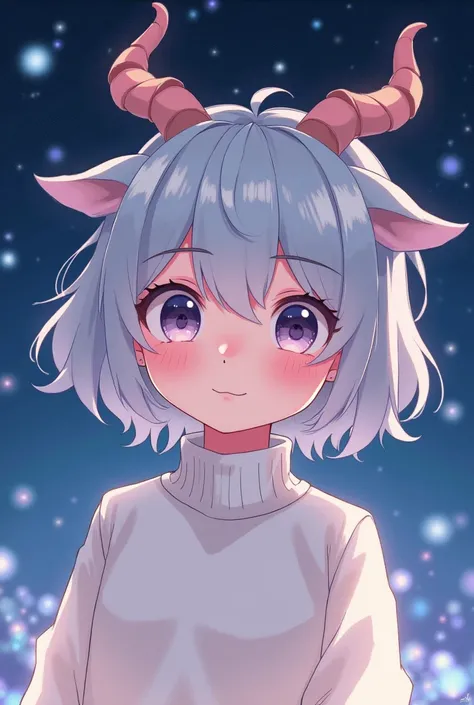 Trans boy with big eyes with goat horns in the center. From the head with a human appearance and a white sweater and a dreamlike face kawaii in a starscape style Genshi Inpact