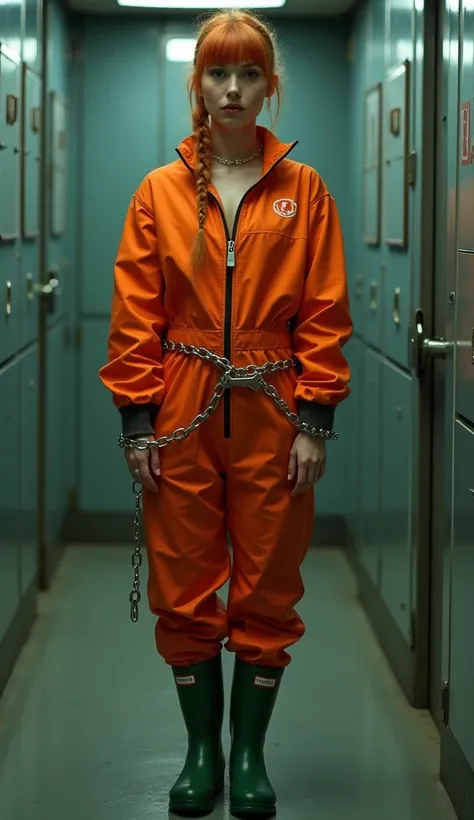 A 30 YO french girl in with short braided ginger hair and fringe haircut, captive in a futuristic prison cell. She's wearing a rubber zipped orange prison jumpsuit and green Hunter rubber boots. Her hands are firmly bound together in handcuffs and belly ch...