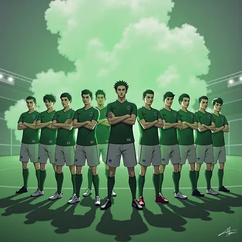 a illustration of the anime version of many different soccer fans standing in front the camera and crossed their arms, a little white diamond emblem on left of the jerseys, they stand inside a green-white explosion and far away of the image, the camera is ...