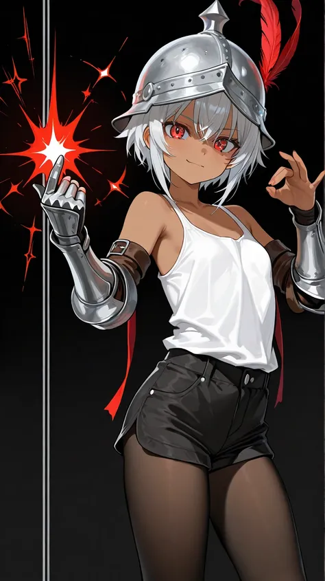 a dwarf size joyful physically thick young short dark skin small-sized girl, with short silver hair and red eyes wearing a medieval helmet with a red feather and medieval full arm gauntlets and knee height tights and a short white tank top and black shorts...