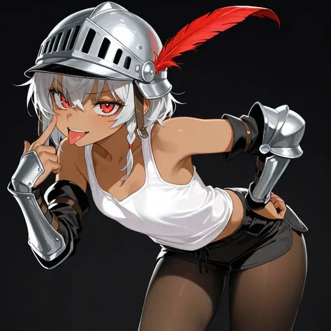 a dwarf size joyful physically thick young short dark skin small-sized girl, with short silver hair and red eyes wearing a medieval helmet with a red feather and medieval full arm gauntlets and knee height tights and a short white tank top and black shorts...