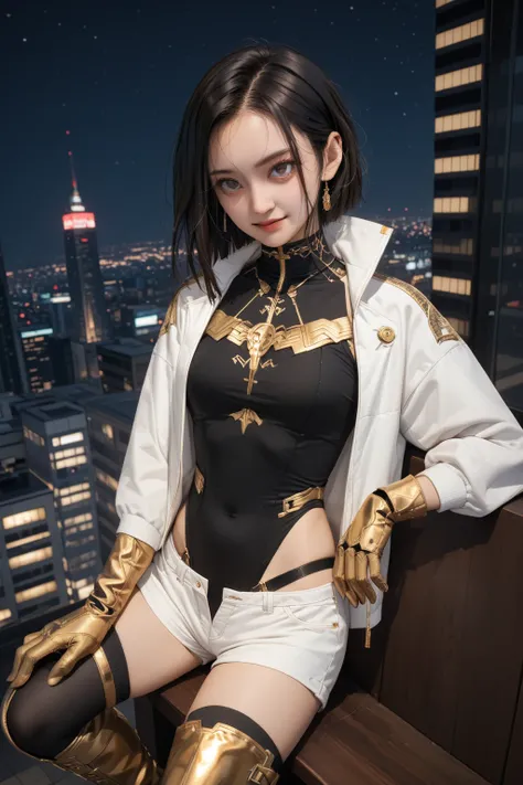         best image quality、 masterpiece、（Shooting Resolution        ：1.4）、       view from directly above  、        face close-up      、         cyberpunk night city        、         girl  、     black hair short wave hair    、      Silver Shorts Smile     ...