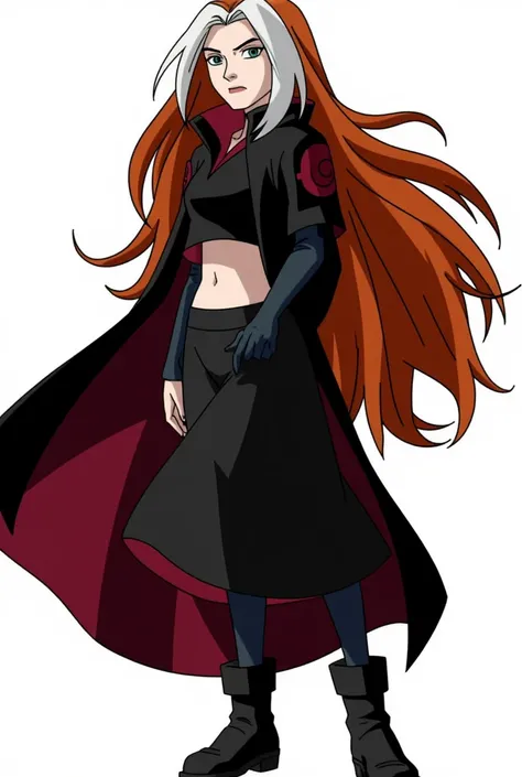 Female character of a   designed for the Naruto Classic universe, in the style of Masashi Kishimoto ,  Aparência:

Age: 12 anos

 Aparência:

hair:  long and flaming ,  with an intense orange tone that seems to shine in the sunlight .  Two white locks high...