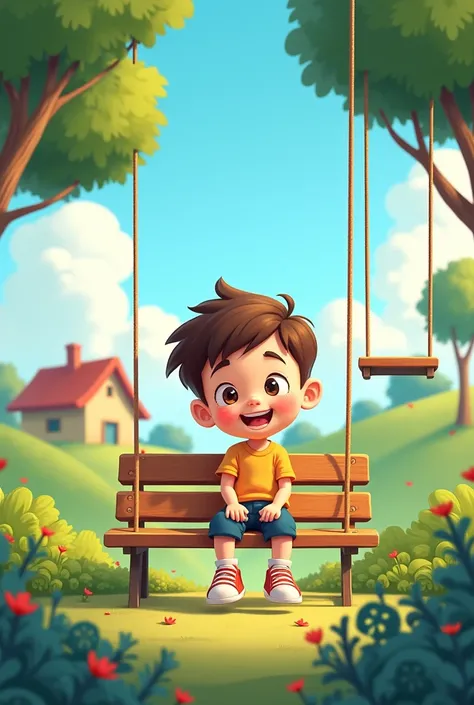 a cartoon of a boy sitting on a bench with a swing, In the background a blue and sunny weather, In the background also a small house