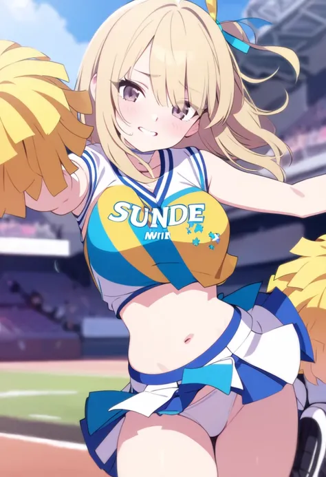 (masterpiece, best quality), 1girl, solo, kawaii, cheerleader, mini skirt, blonde hair, wind lift, no panty