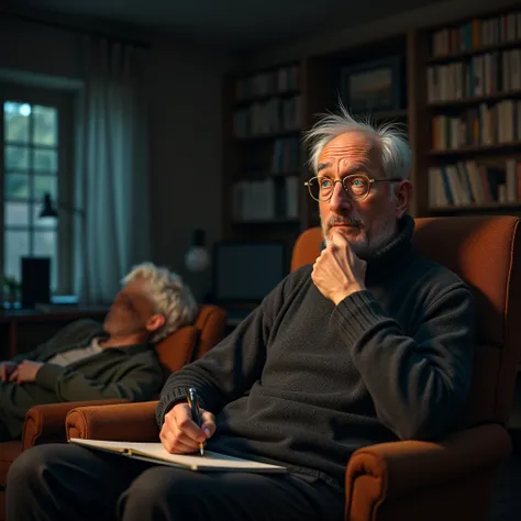 Set scene; front view, a man, sixty, bald, with a few strands of white hair sticking up on top of his head, trimmed beard, white, long face, bright blue eyes, wearing round, thin, gold-colored glasses, sitting in a comfortable, padded, tufted 1970s chair, ...