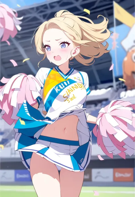 (masterpiece, best quality), 1girl, solo, kawaii, cheerleader, mini skirt, blonde hair, wind lift, no panty