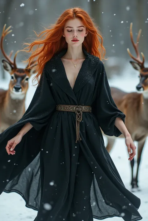  young seductive redblonde female Witch apprentice, winter, flames in brown eyes, black cloak, confident face, dancing and have fun with deers ,she closed her eyes