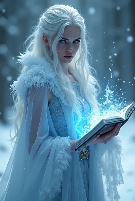 Tabletop RPG character, witch,  white hair and icy skin,  Dark eyes. Ice magic dominates . Holding grimoire. Clear, ice-like clothing. 