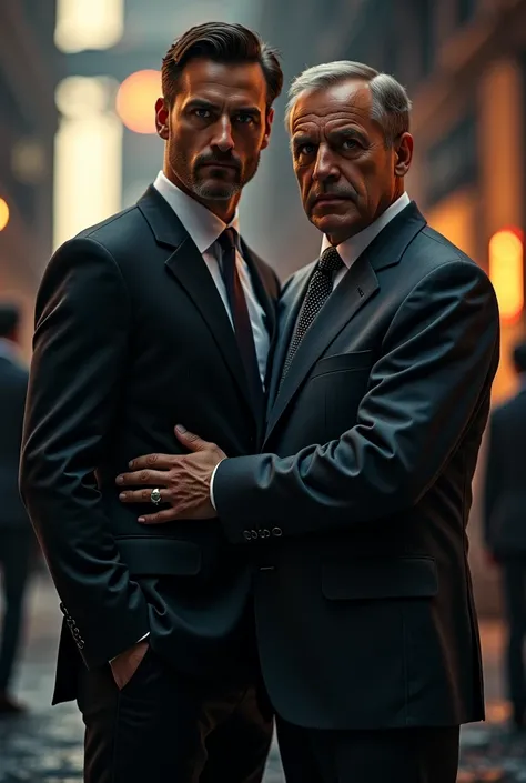 Handsome 30 year old bodyguard in a black suit taking his client around the waist a handsome mature man in 40 years old dressed in a greyish blue suit , Shoot with your gun in the front 