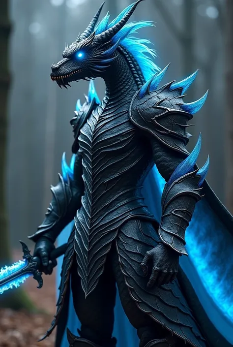  A draconate with pulsating black scales with light blue edges that will reflect my connection to dragons: black with blue eyes glowing like rays, transmitting the force of a storm, 2 meters tall weighing 120 kg ,  with a thorn armor, a black sword with a ...