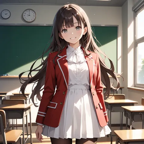 rating_questionable,
(cowboy shot),
1girl, solo,
(dark Brown long hair:1.3), bangs, Soft Gray eyes,
red blazer uniform,
(standing, smile),
classroom,
source_anime,
detailed face, detailed skin, light and shadows by reij-shdwgms, ultra detailed,
score_9, sc...