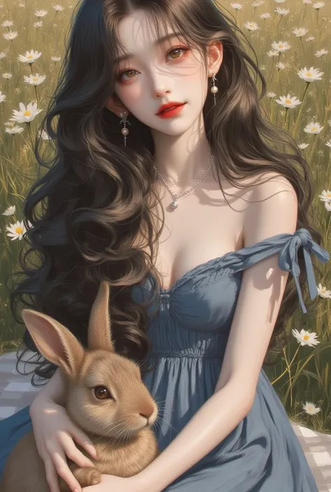 Pretty girl, white skin, long black hair that reaches her hips, dark brown eyes, wearing a slightly low-cut, sleeveless summer dress that is a bit bluish in color, sitting on a checkered picnic blanket in the middle of a field of flowers with a little brow...