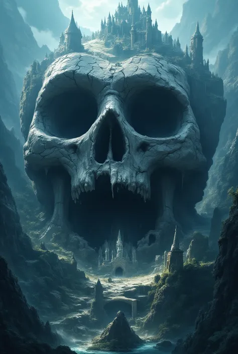 Skull cave, camera view from bottom to top, semi-realistic animated style, castle on top, on top of the skull cave