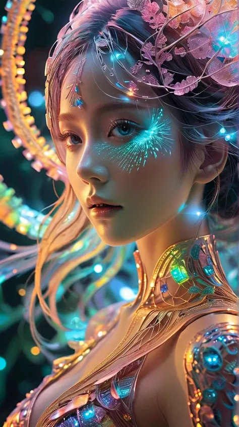 , Fractal，glowing， 1girl ，bling bling, veela, very fine luminous quantum dots, extraterrestrial. ultra realistic photo