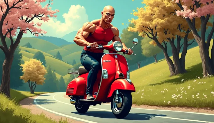 Bald Superman rides a moped through Italy, morning, spring, trees are blooming,  pop art style 