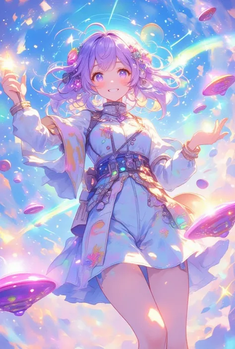 watercolor, pastel color, kawaii, pastel purple hair, rainbow color headdress, ultra detailed cute moe anime, dynamic angle, (close up face), smile, UFO Magical Girl paints a futuristic world where science and magic intertwine. The girl, dressed in a space...