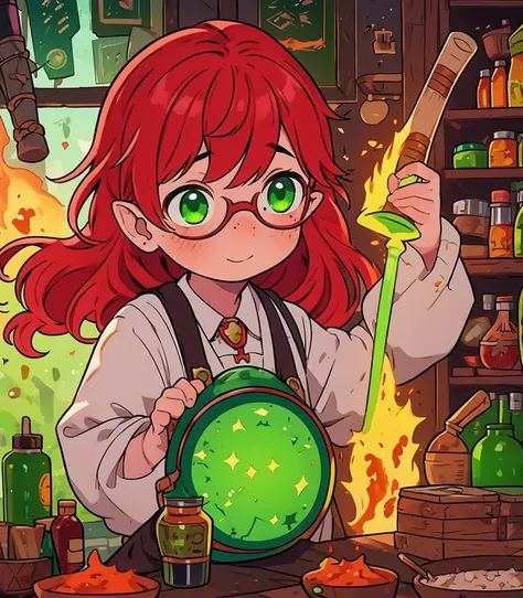 Lila, The Stubborn Potion Maker  Lila has a fair complexion with a scattering of light freckles across her cheeks and nose. Her bright green eyes and fiery red hair, which falls in loose waves, give her an energetic appearance. She often wears round glasse...