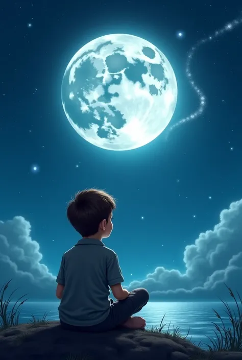 A boy gazes at the moon dreaming his magical adventure to the lunar workd