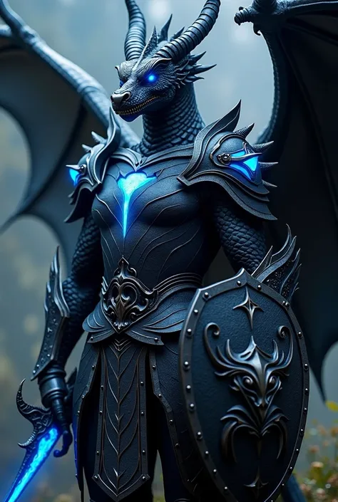  A draconate with pulsating black scales with light blue edges that will reflect my connection to dragons: black with blue eyes glowing like rays, transmitting the force of a storm, 2 meters tall weighing 120 kg , with a spiked armor, a black sword with a ...