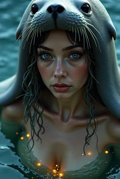 A close-up portrait of a mystical female figure emerging from the ocean under the glow of a starry night. Her features are otherworldly and mesmerizing, with smooth, seal-like skin in soft shades of gray and warm taupe, glistening as if freshly kissed by t...