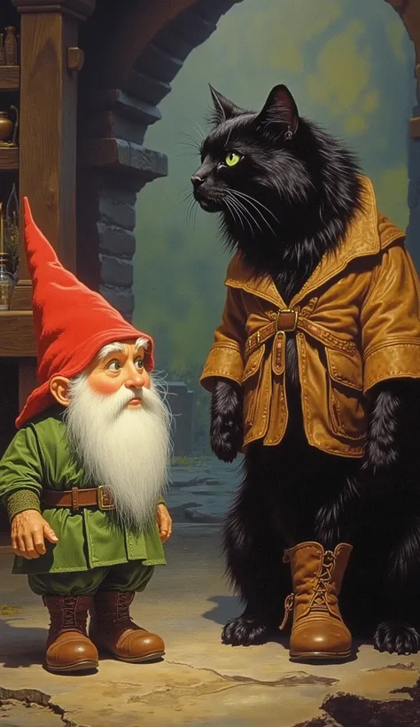 a wisdom gnome with a red pointy hat, green clothes and brown boots, talking to a tall and large intelligent black green eyes cat, the cat wears a brown jacket and brown boots