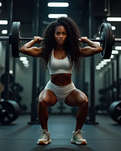 
"A **Black athletic woman with long, curly hair exactly like in the reference photo** and dark skin is performing a **barbell squat** in a modern, well-equipped gym. She is standing with her feet shoulder-width apart, holding a **barbell across her upper ...