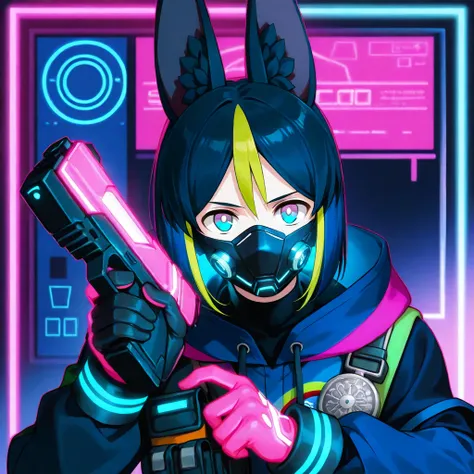 tighnari, with futuristic mask on face, with neon blue glowing hair, with glowing neon pink eyes, with neon blue tactical gloves, with glowing clothes in black, neon pink, and neon blue, holding Pistol, with head in picture, full head in image, with a blac...