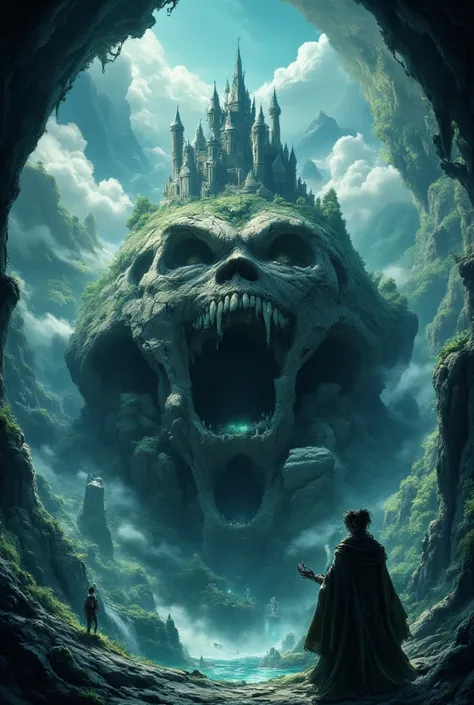 Skull cave, camera view from bottom to top, animated style, castle on top, on top of the skull cave